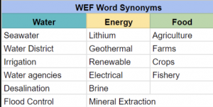 table listing synonyms for water, energy, food